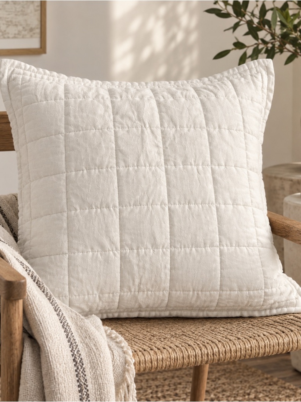 Quince White 100% Linen Quilted Euro Pillow Sham 28” Square